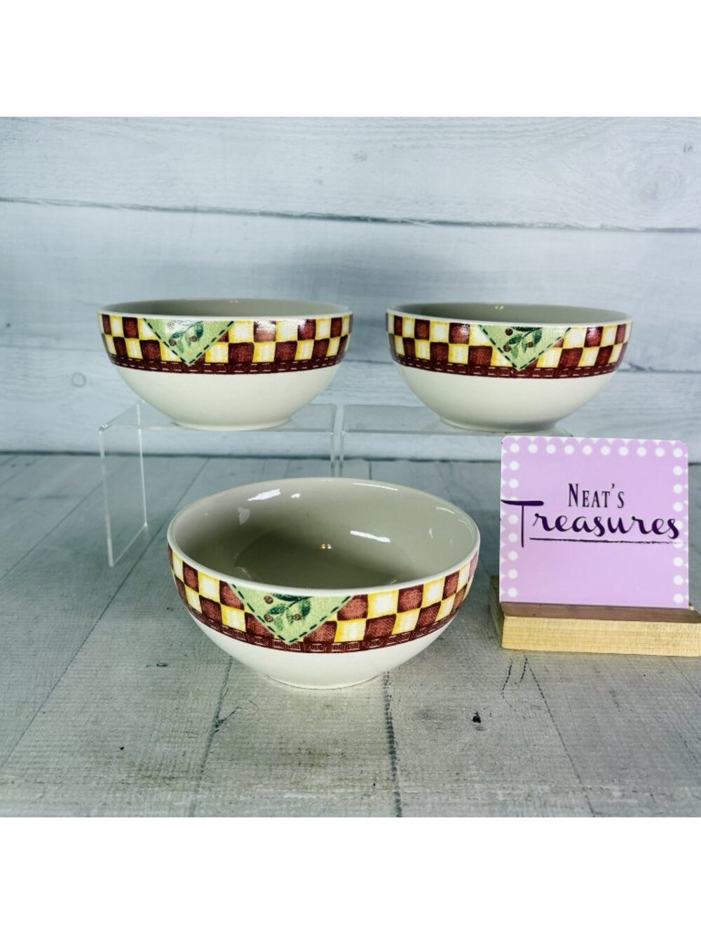 Thomson Pottery COUNTRY HOME Red White Check Farmhouse Soup Cereal Bowls Set 3